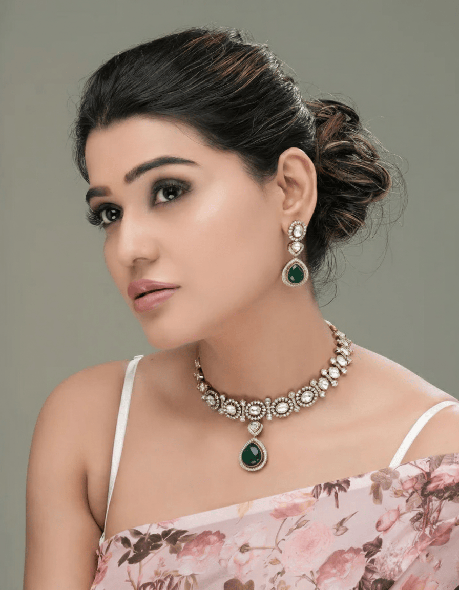 Mataari Necklaces Kundan Choker Necklace with Green Moissanie Pendant | Moissanite | Indian Jewelry | Mataari