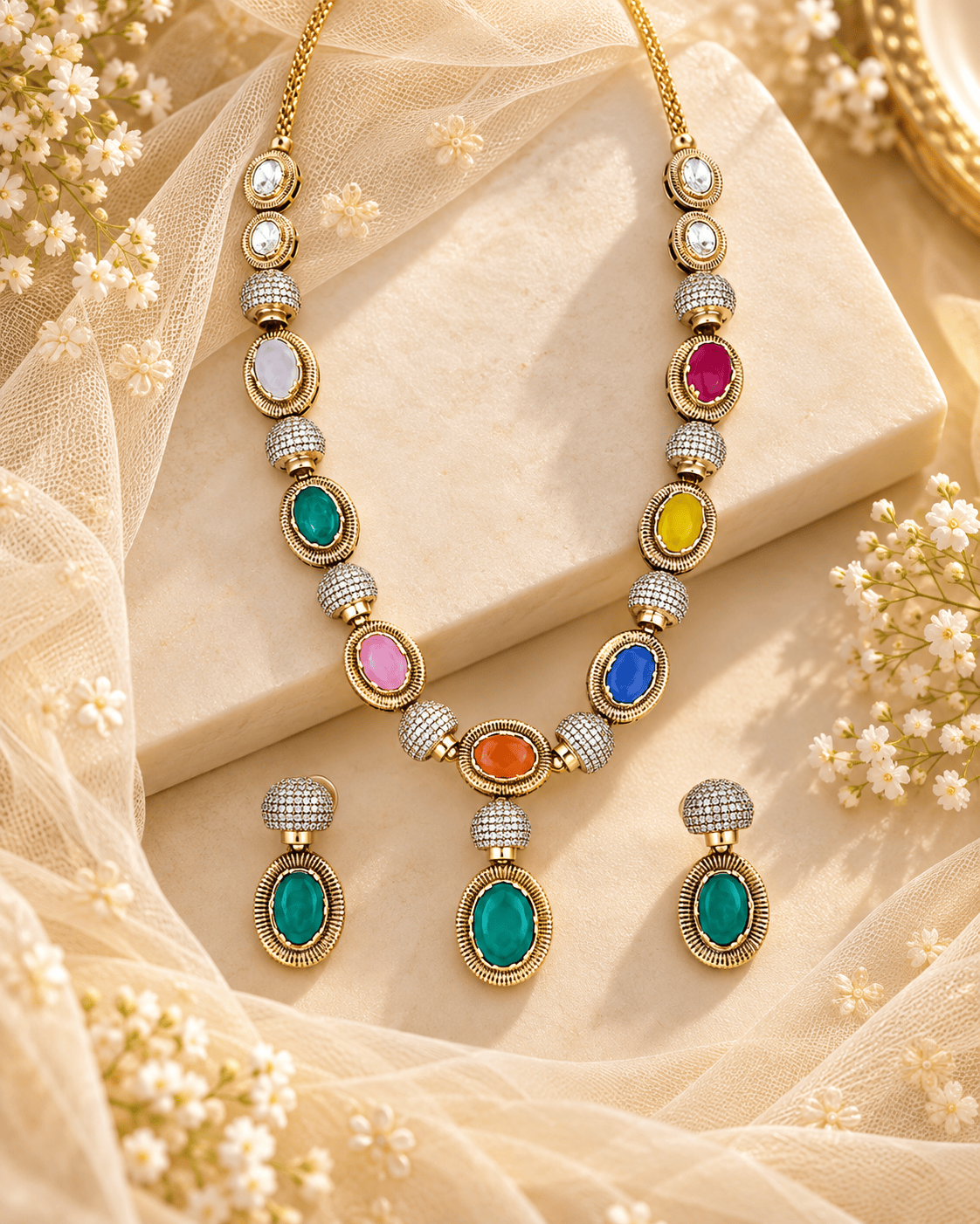Mataari Necklaces Mahika Gold Plated Solitaire Navratna CZ Wedding Necklace