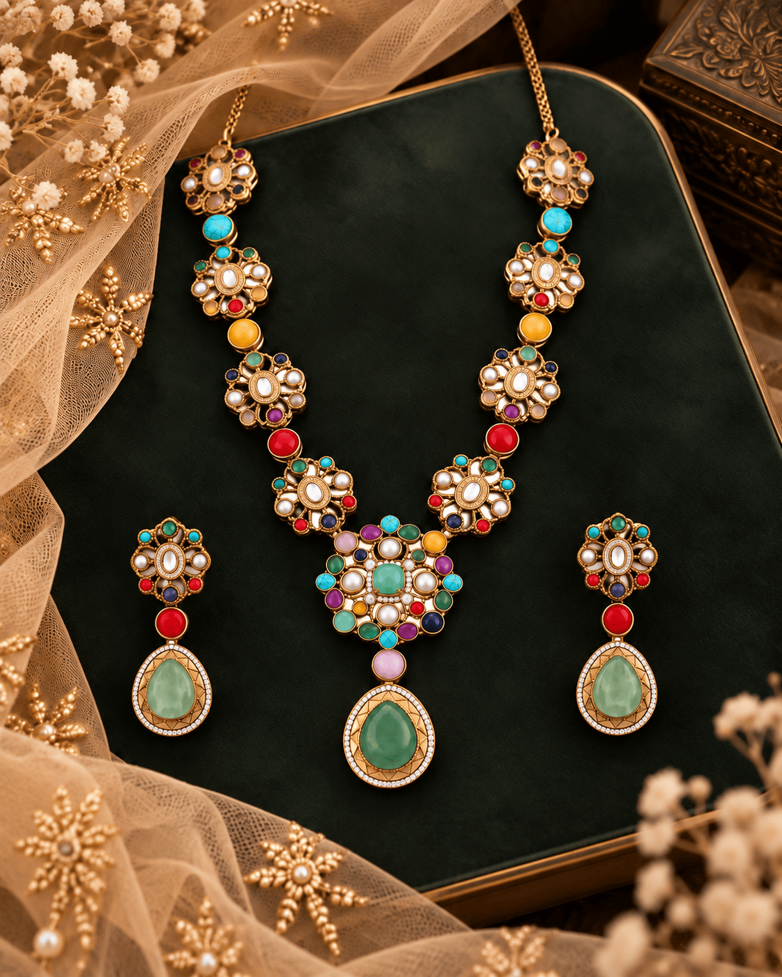 Mataari Necklaces Mehar Navratna Gold Plated Flower CZ Bridal Long Necklace