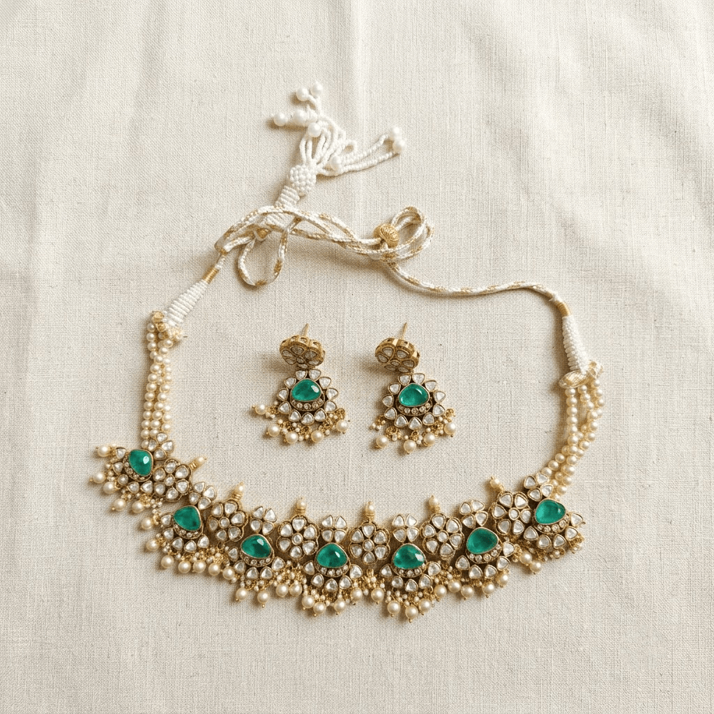 Mataari Necklaces Mint Cubic Zirconia Antique Gold Polki Pearl Choker Necklace for Wedding
