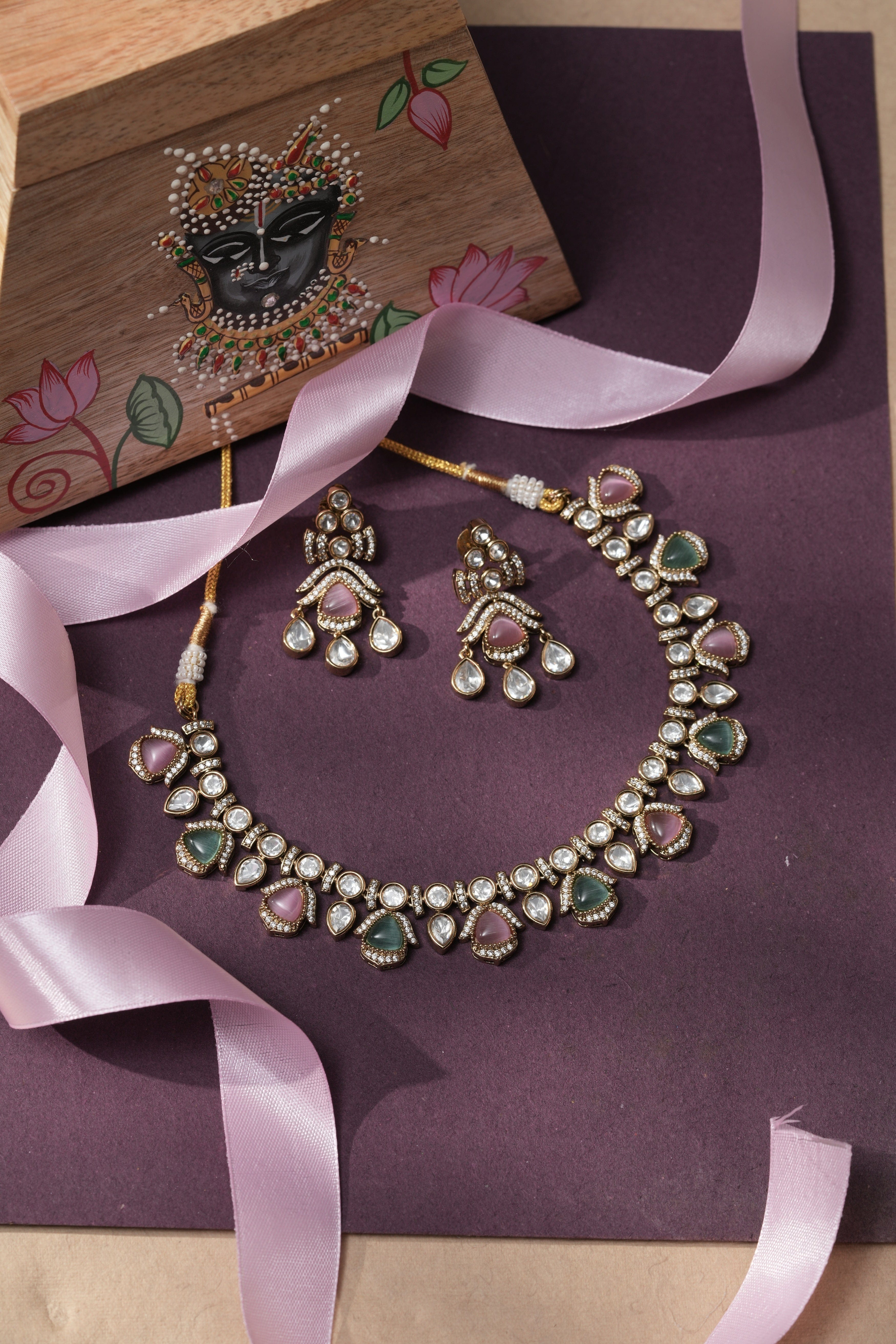 Mataari Necklaces Pastel Petals – Green & Pink Teardrop | CZ | Indian Jewelry | Mataari