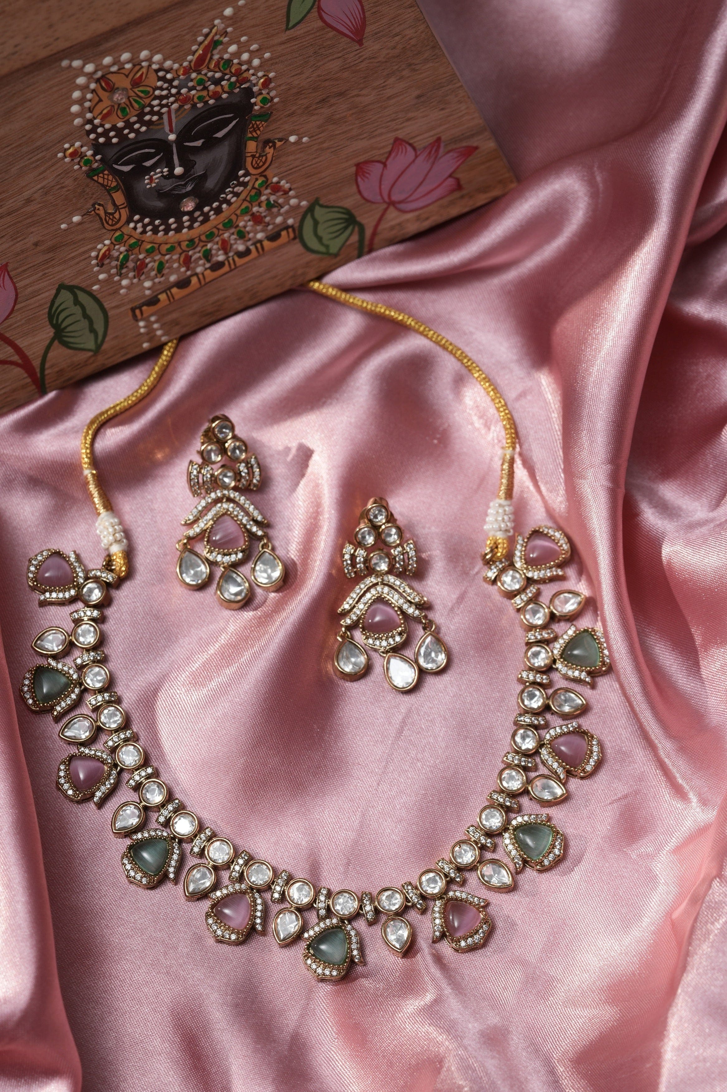 Mataari Necklaces Pastel Petals – Green & Pink Teardrop | CZ | Indian Jewelry | Mataari