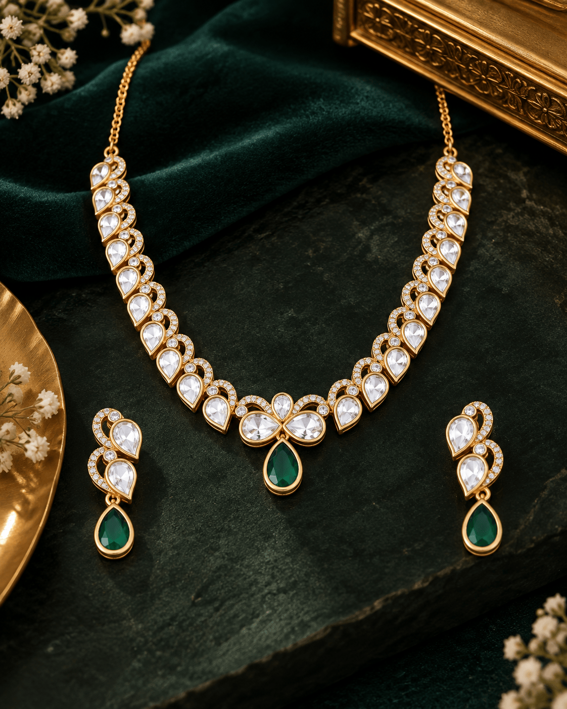 Mataari Necklaces Rajvi Gold Plated Polki Kundan Teardrop Solitaire Necklace
