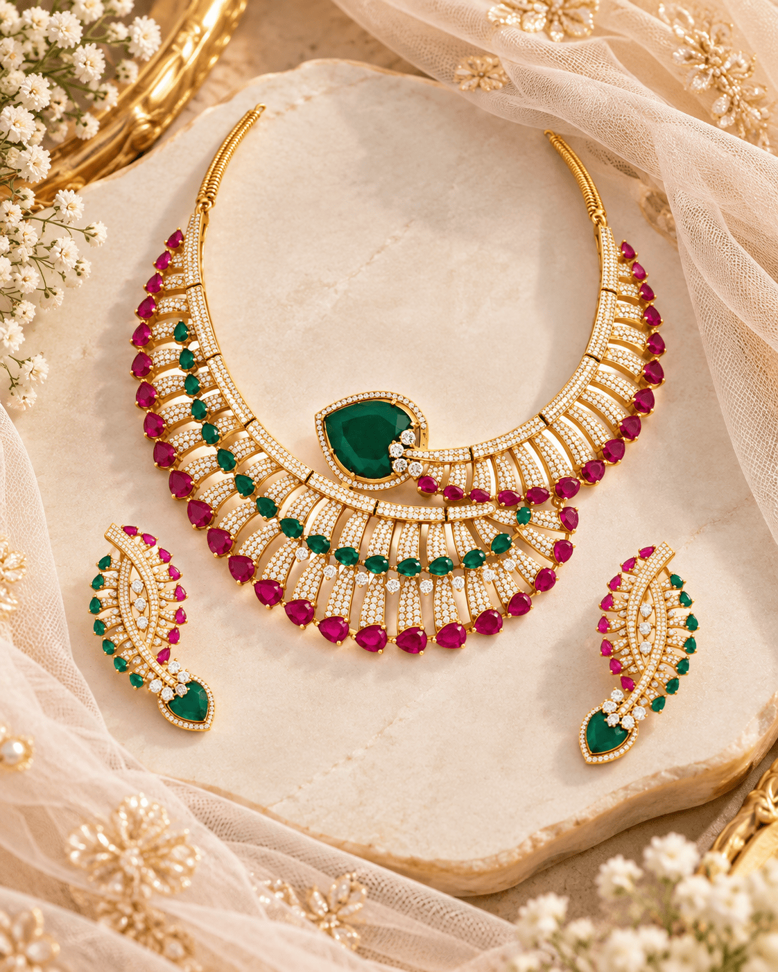Mataari Necklaces Ziva Gold Plated Heart Crystal CZ Choker Necklace Set