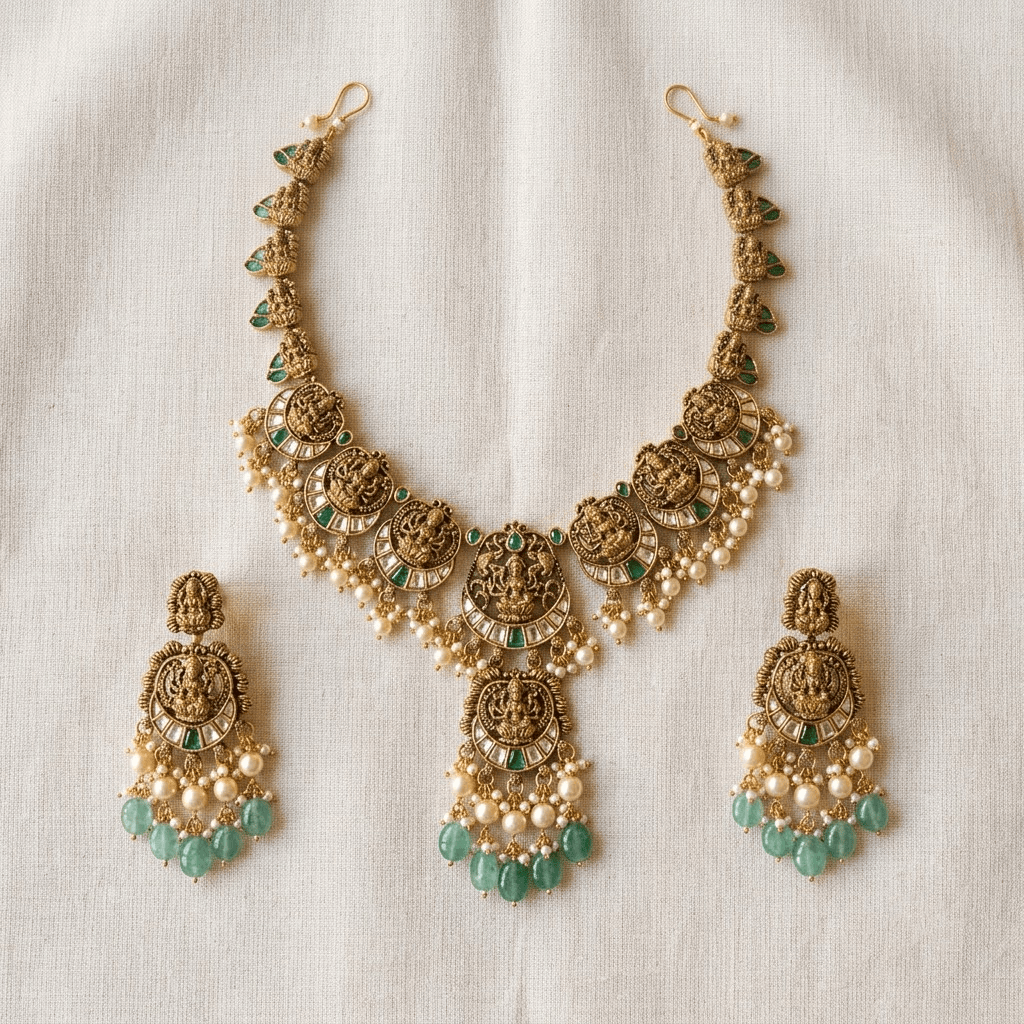 Mataari Necklaces Ruby Goddess Lakshmi Antique Gold Kundan Polki Pearl Beaded Necklace