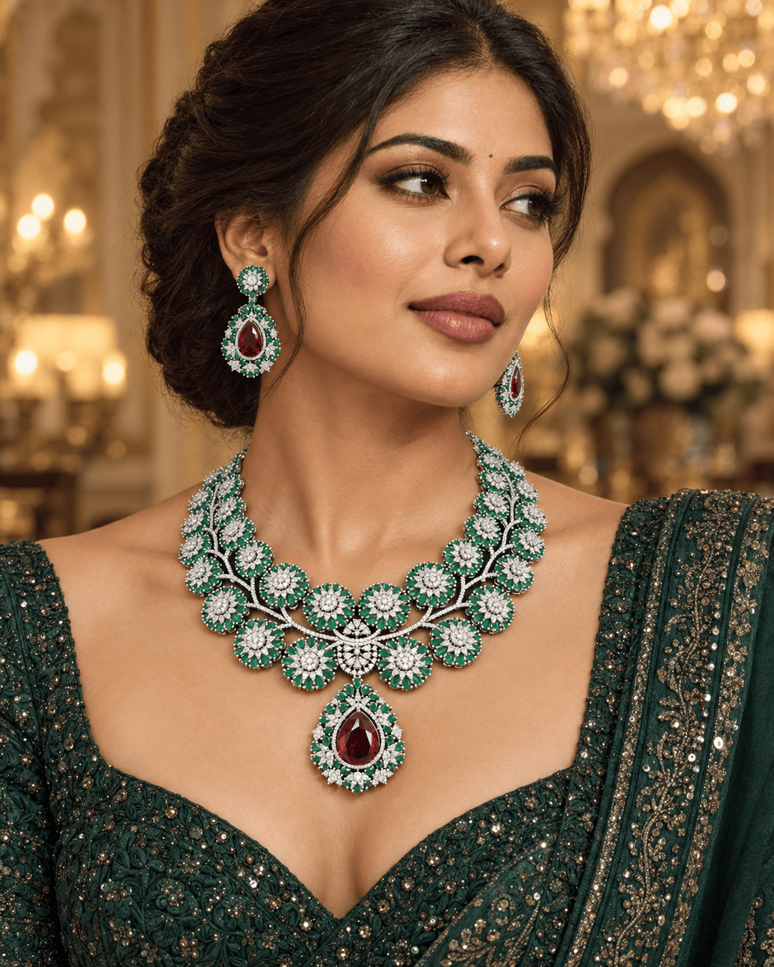 Mataari Necklaces Silver Plated Flower Crystal Cubic Zirconia Teardrop Bridal Necklace