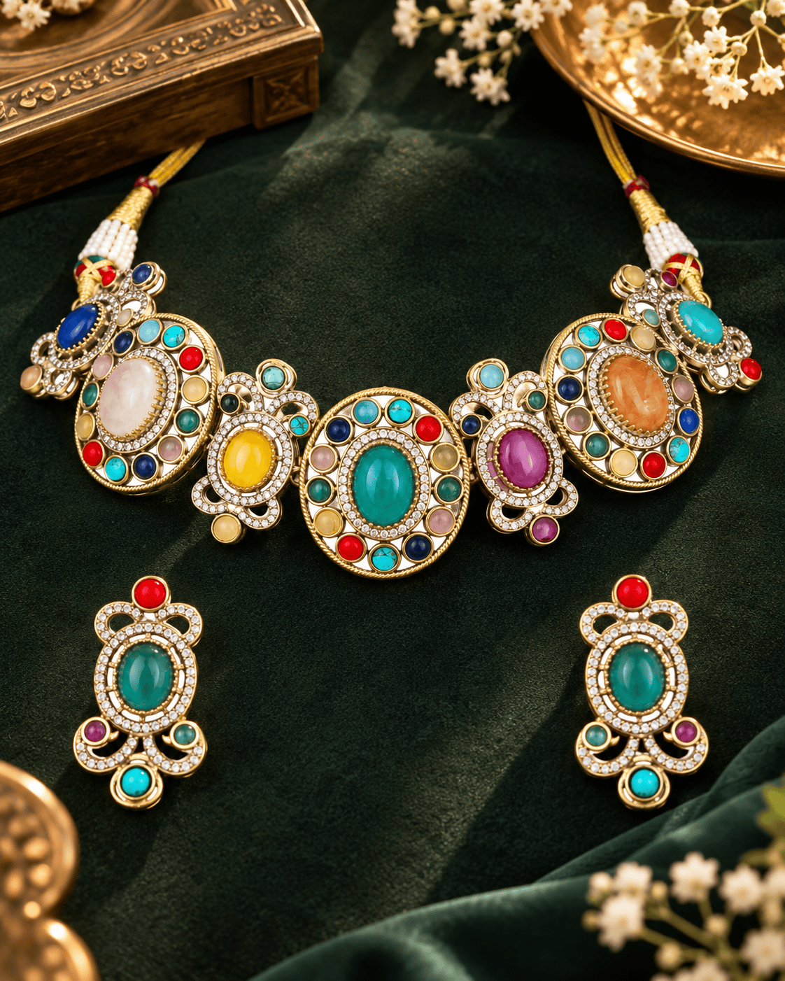 Mataari Necklaces Vaidehi Navratna Crystal CZ Gold Plated Choker Necklace Set