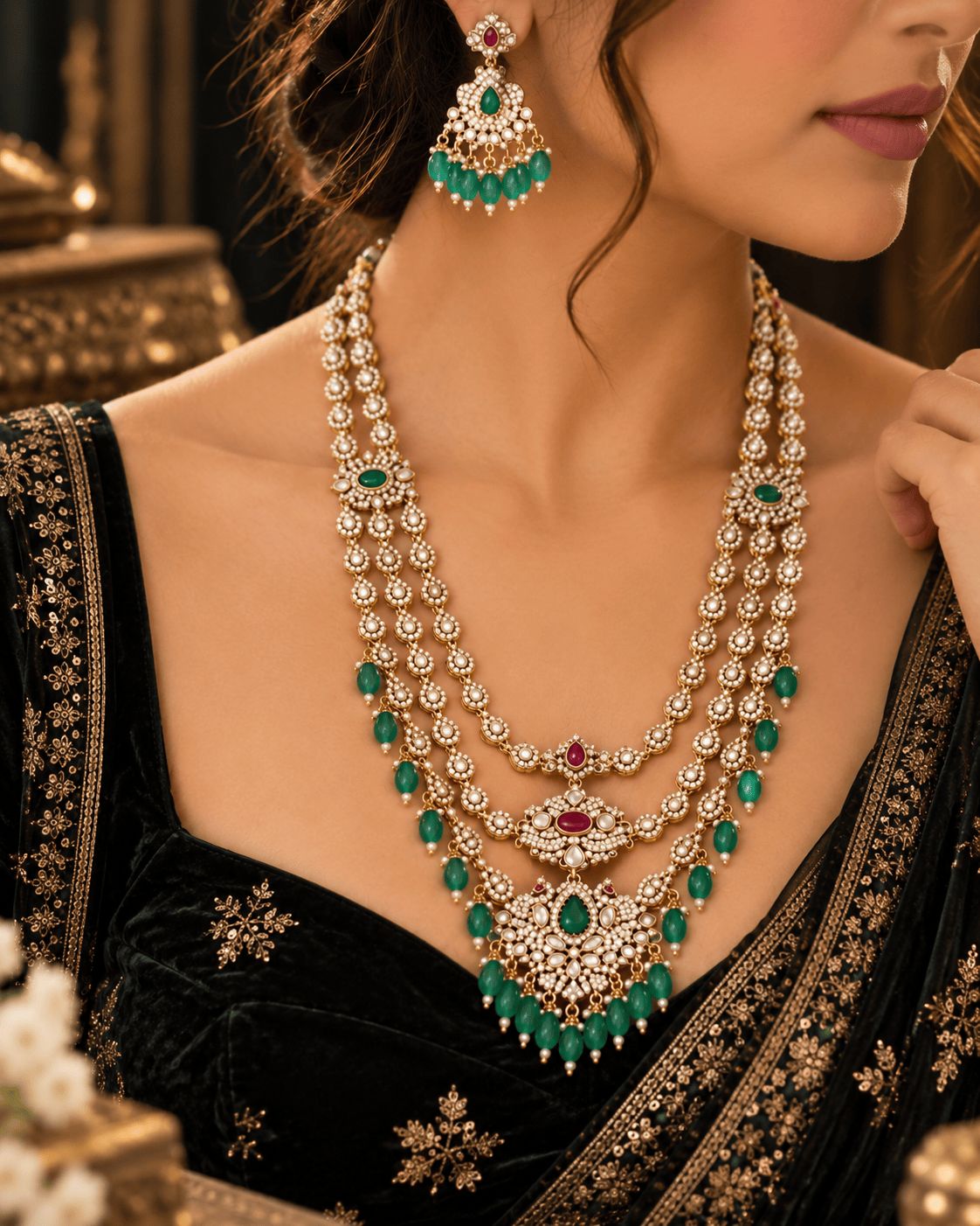 Mataari Necklaces Harshita Gold Plated Layered CZ Bridal Long Necklace
