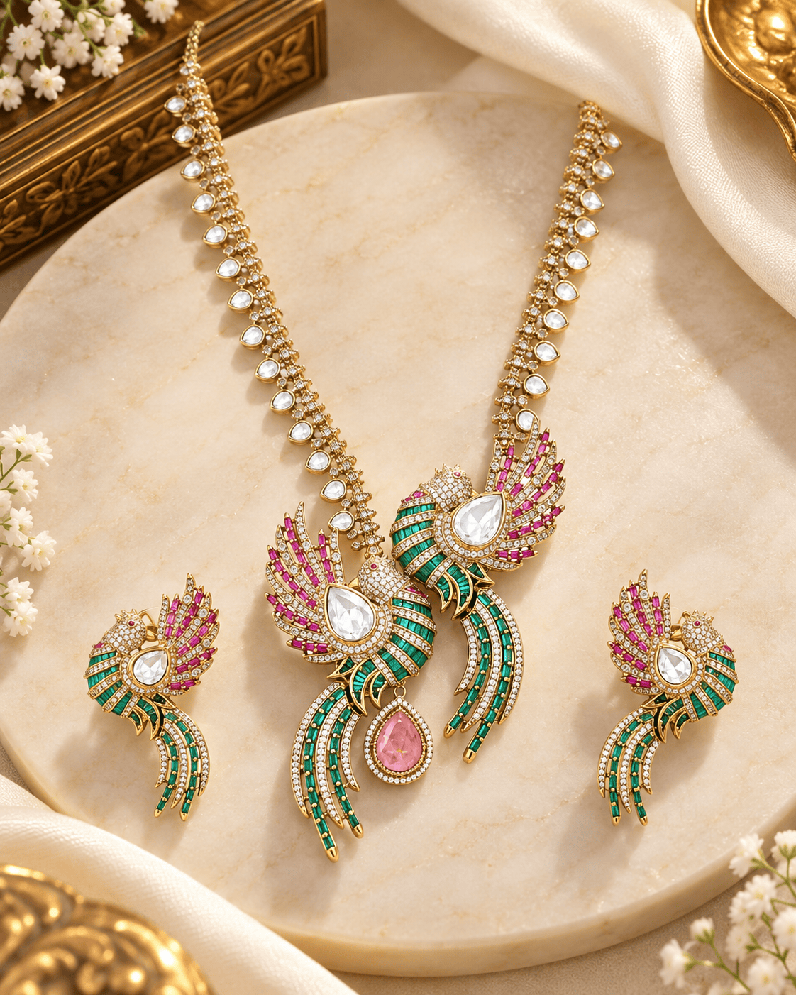 Mataari Necklaces Hridvika Baguette CZ Crystal Gold Plated Bird Necklace