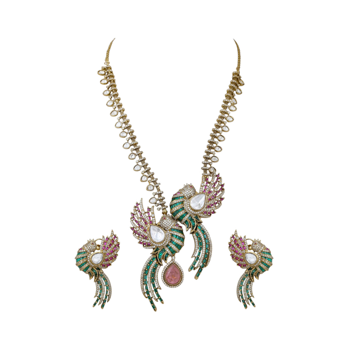 Mataari Necklaces Hridvika Baguette CZ Crystal Gold Plated Bird Necklace