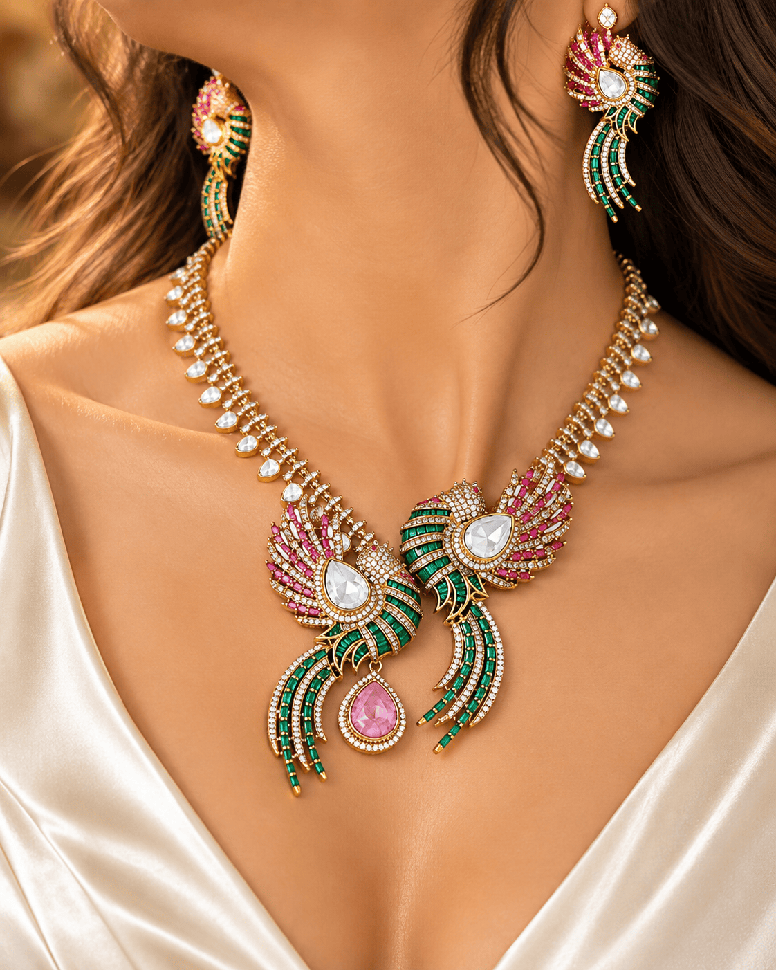 Mataari Necklaces Hridvika Baguette CZ Crystal Gold Plated Bird Necklace