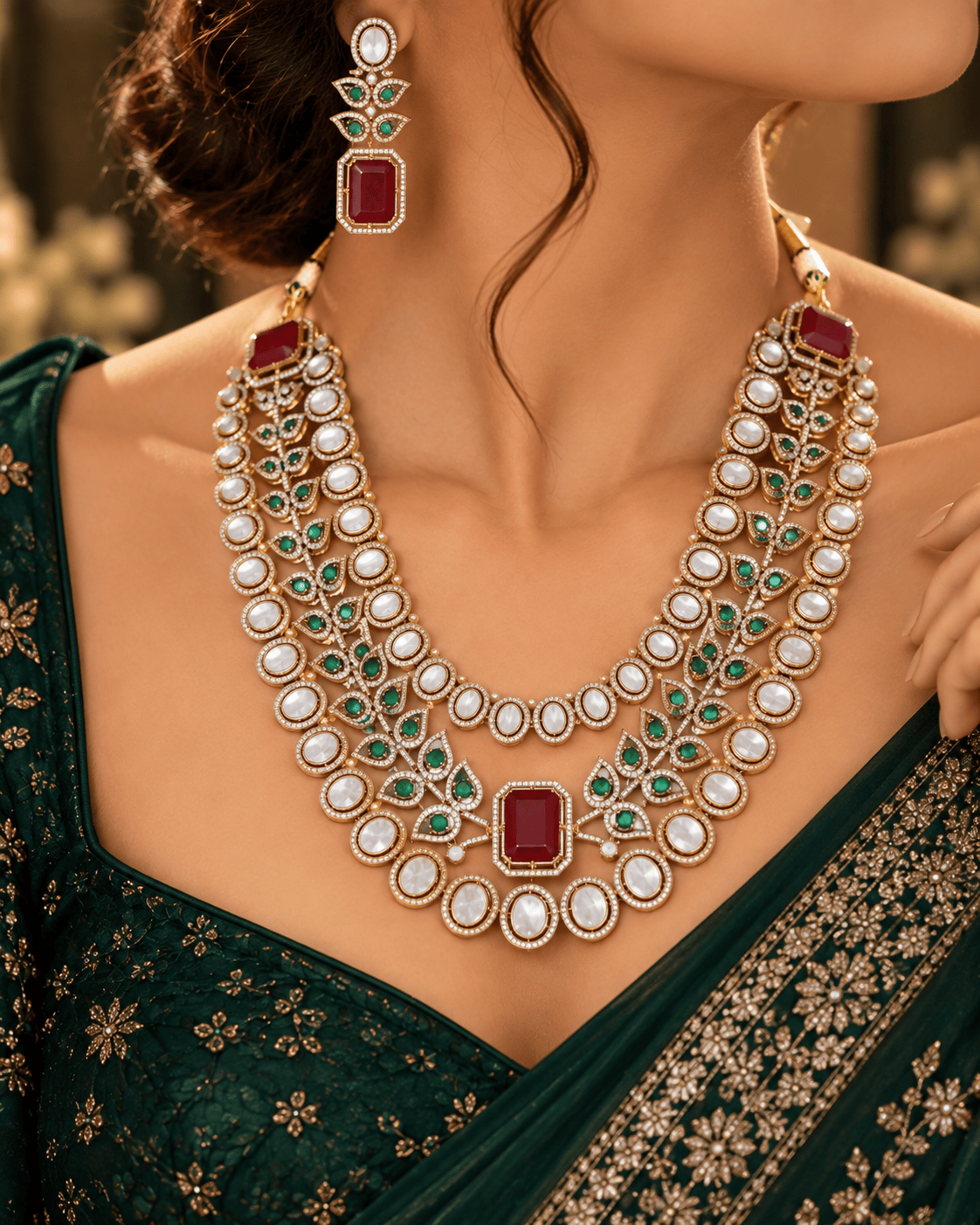 Mataari Necklaces Iva Layered Gold Plated Polki CZ Bridal Long Necklace