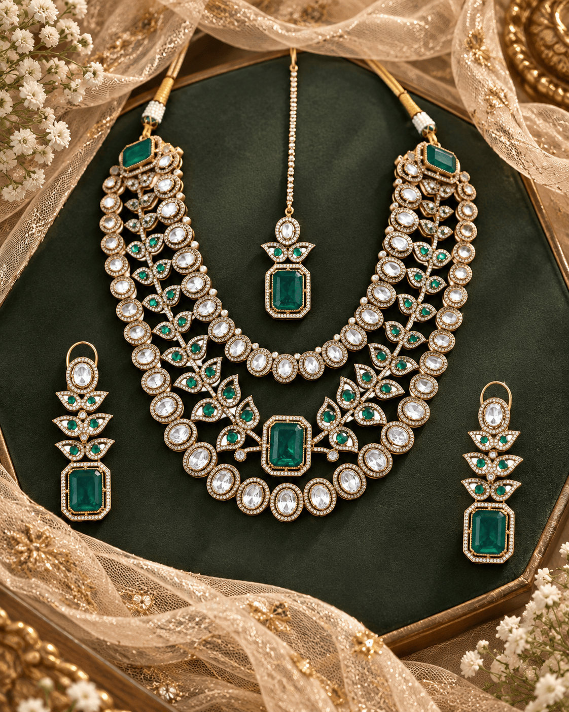 Mataari Necklaces Iva Layered Gold Plated Polki CZ Bridal Long Necklace