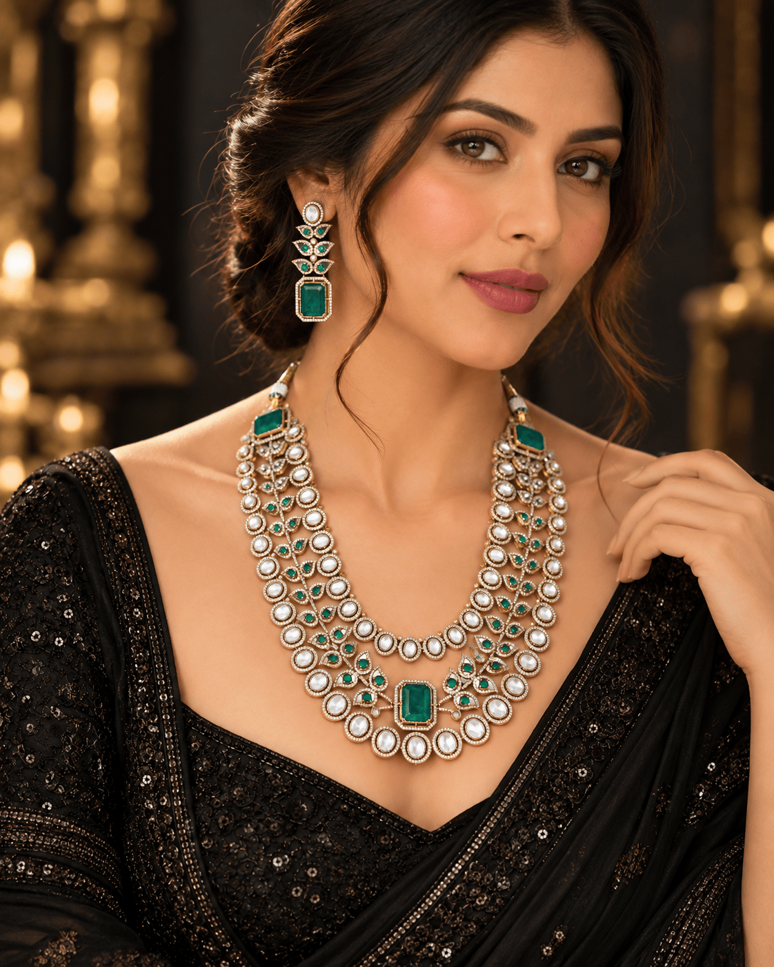 Mataari Necklaces Iva Layered Gold Plated Polki CZ Bridal Long Necklace