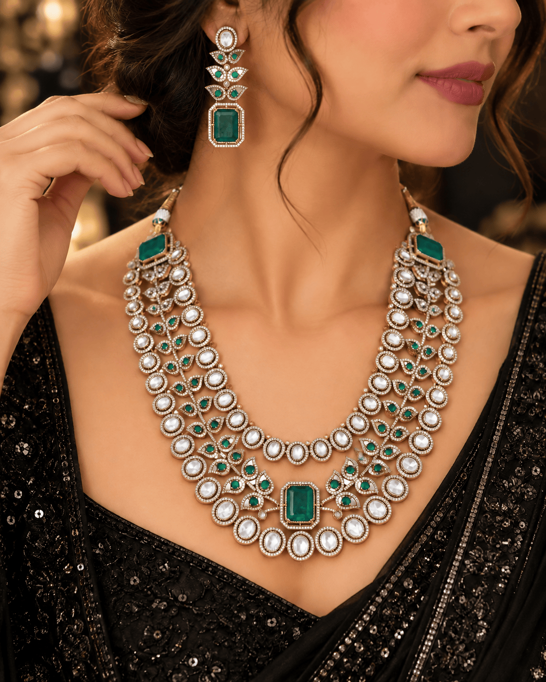 Mataari Necklaces Iva Layered Gold Plated Polki CZ Bridal Long Necklace