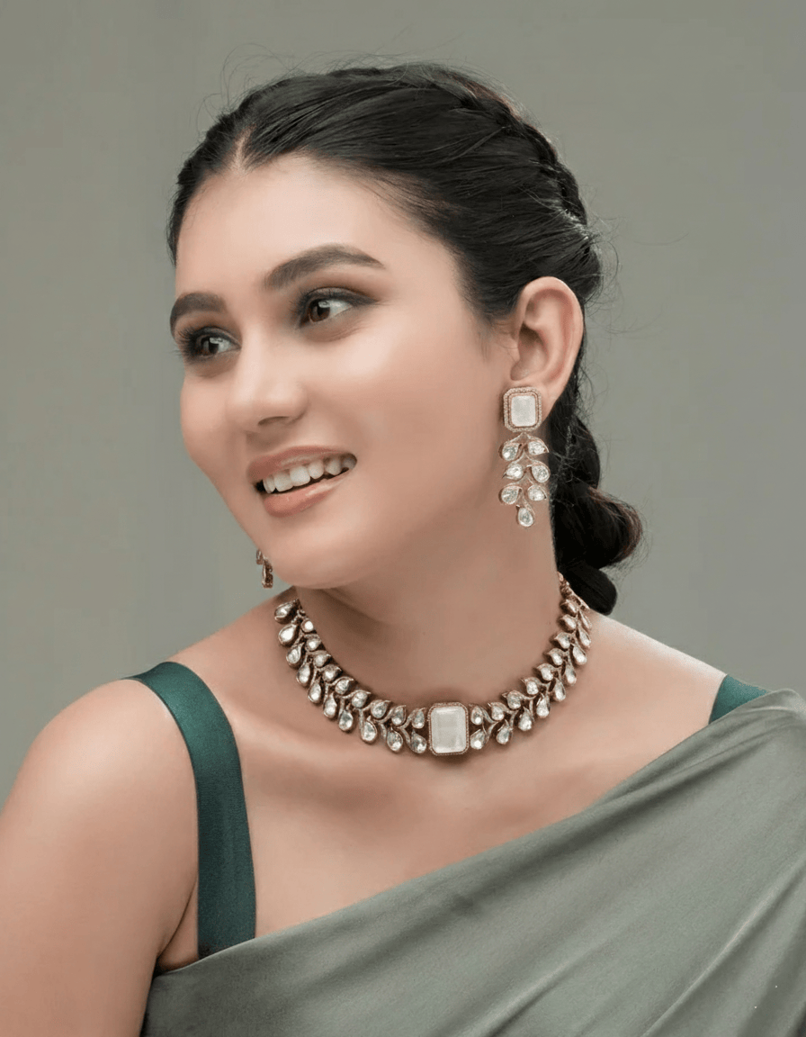 Mataari Necklaces Ivory Radiance CZ Kundan Choker & Earring | Gold Tone | Indian Jewelry | Mataari
