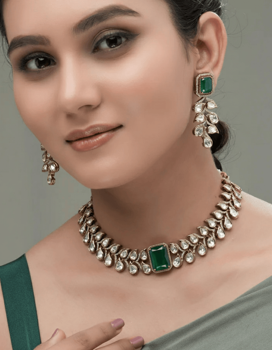 Mataari Necklaces Ivory Radiance CZ Kundan Choker & Earring | Gold Tone | Indian Jewelry | Mataari