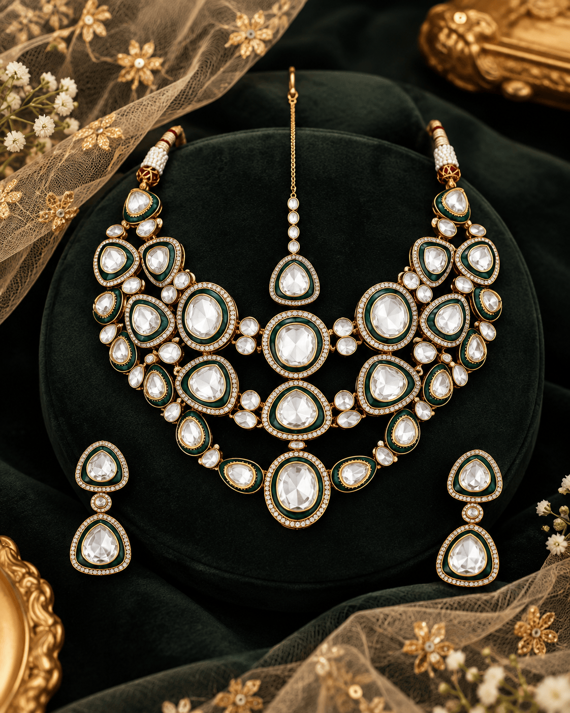 Mataari Necklaces Ketaki Kundan Gold Plated Polki Bridal Choker Necklace with Maang Tikka
