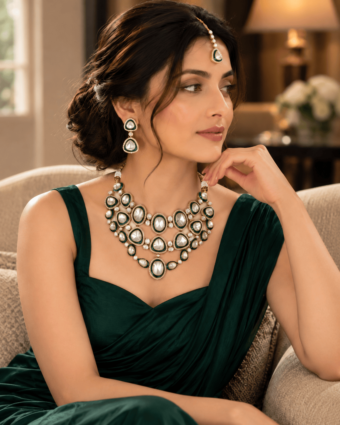 Mataari Necklaces Ketaki Kundan Gold Plated Polki Bridal Choker Necklace with Maang Tikka