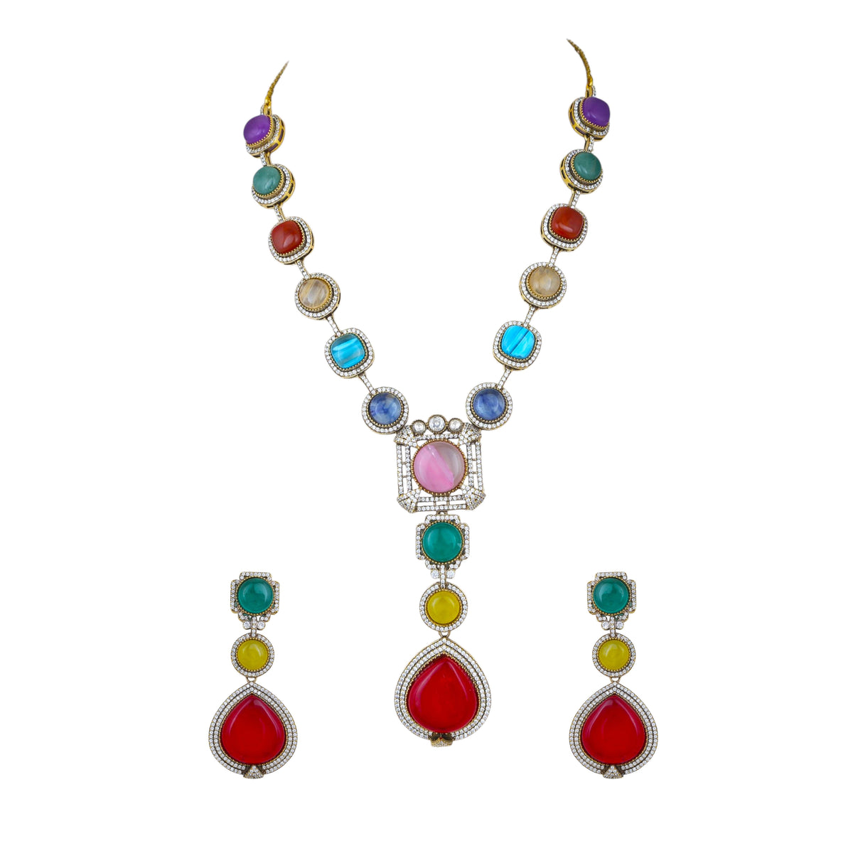 Mataari Necklaces Keya Gold Plated Crystal CZ Navratna Necklace Set