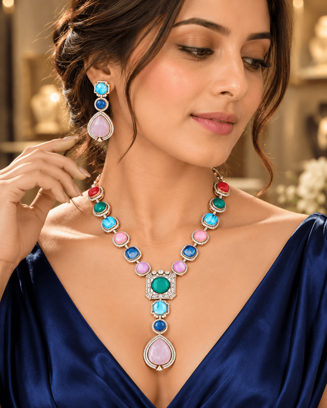 Mataari Necklaces Keya Gold Plated Crystal CZ Navratna Necklace Set