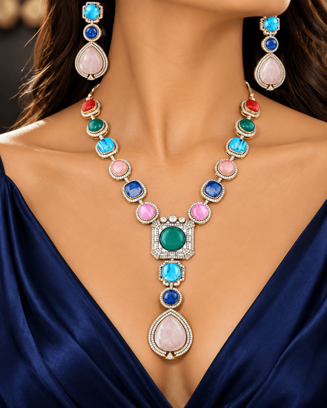 Mataari Necklaces Keya Gold Plated Crystal CZ Navratna Necklace Set