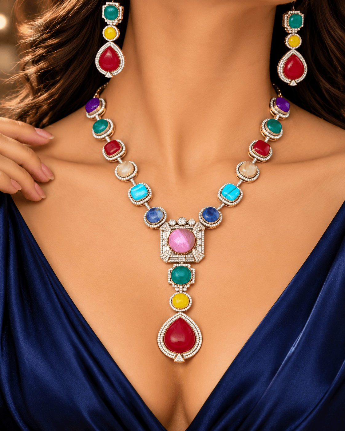 Mataari Necklaces Keya Gold Plated Crystal CZ Navratna Necklace Set