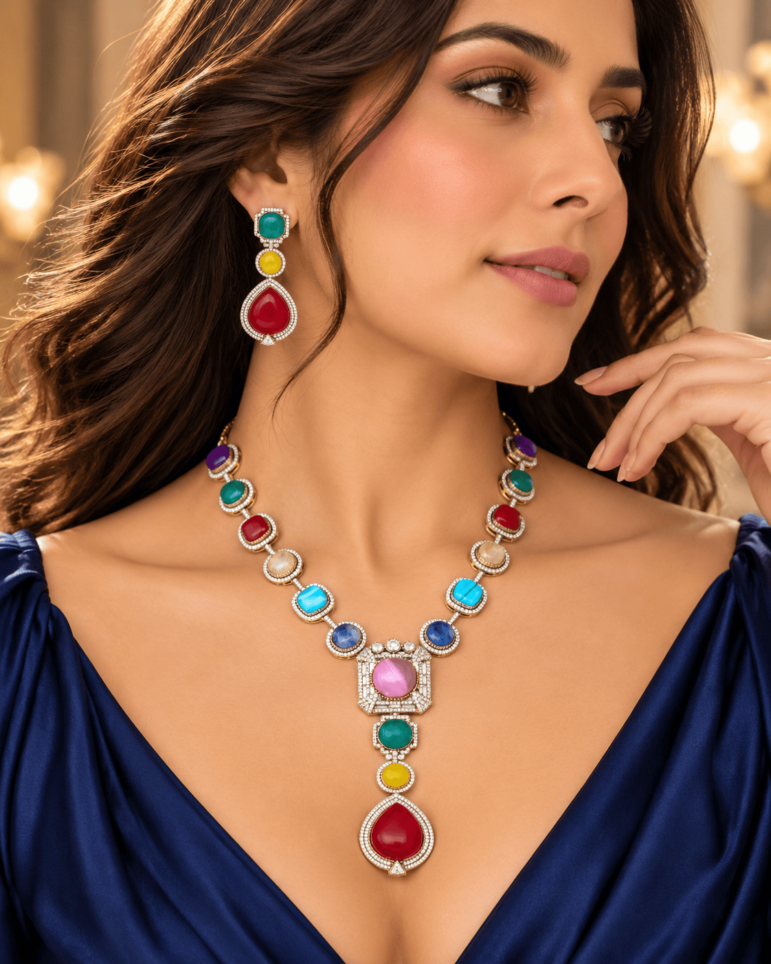 Mataari Necklaces Keya Gold Plated Crystal CZ Navratna Necklace Set