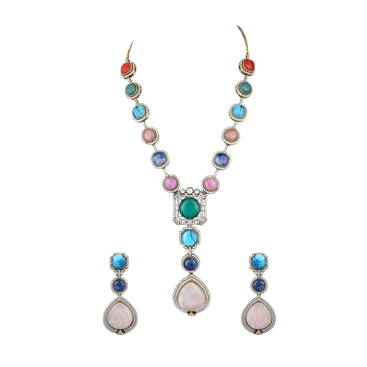 Mataari Necklaces Keya Gold Plated Crystal CZ Navratna Necklace Set