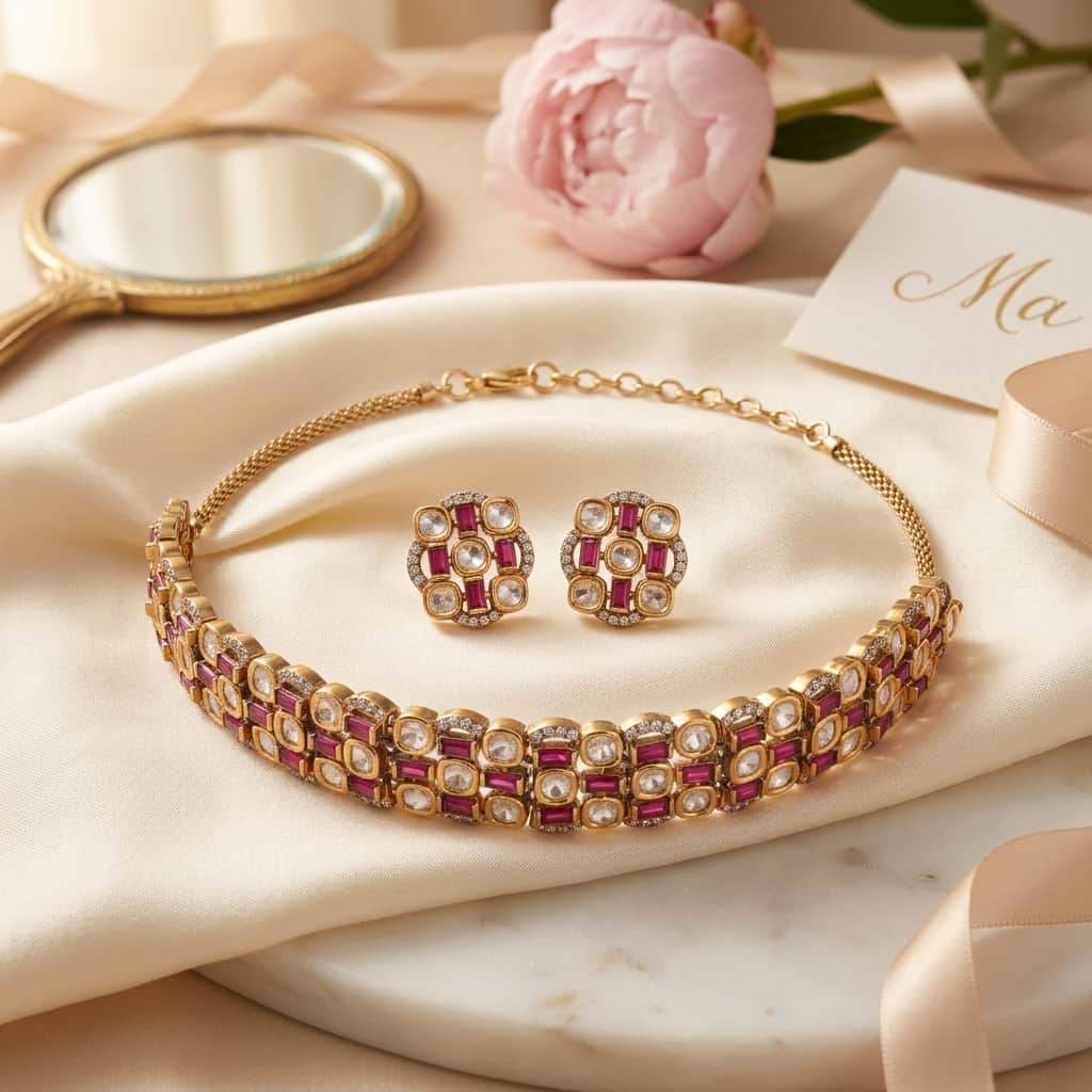 Mataari Necklaces Kundan Polki Wedding Gold Plated Choker Necklace with Stud Earrings