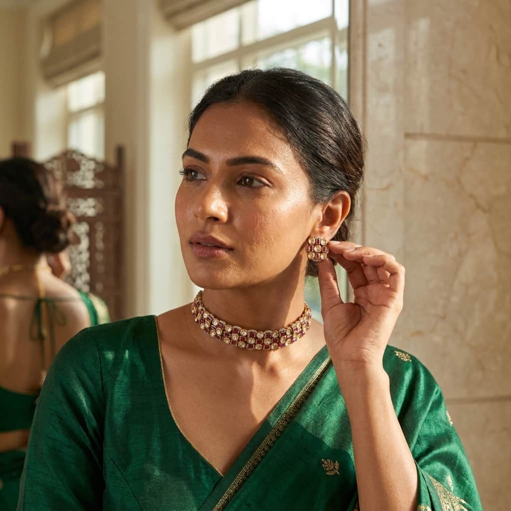 Mataari Necklaces Kundan Polki Wedding Gold Plated Choker Necklace with Stud Earrings