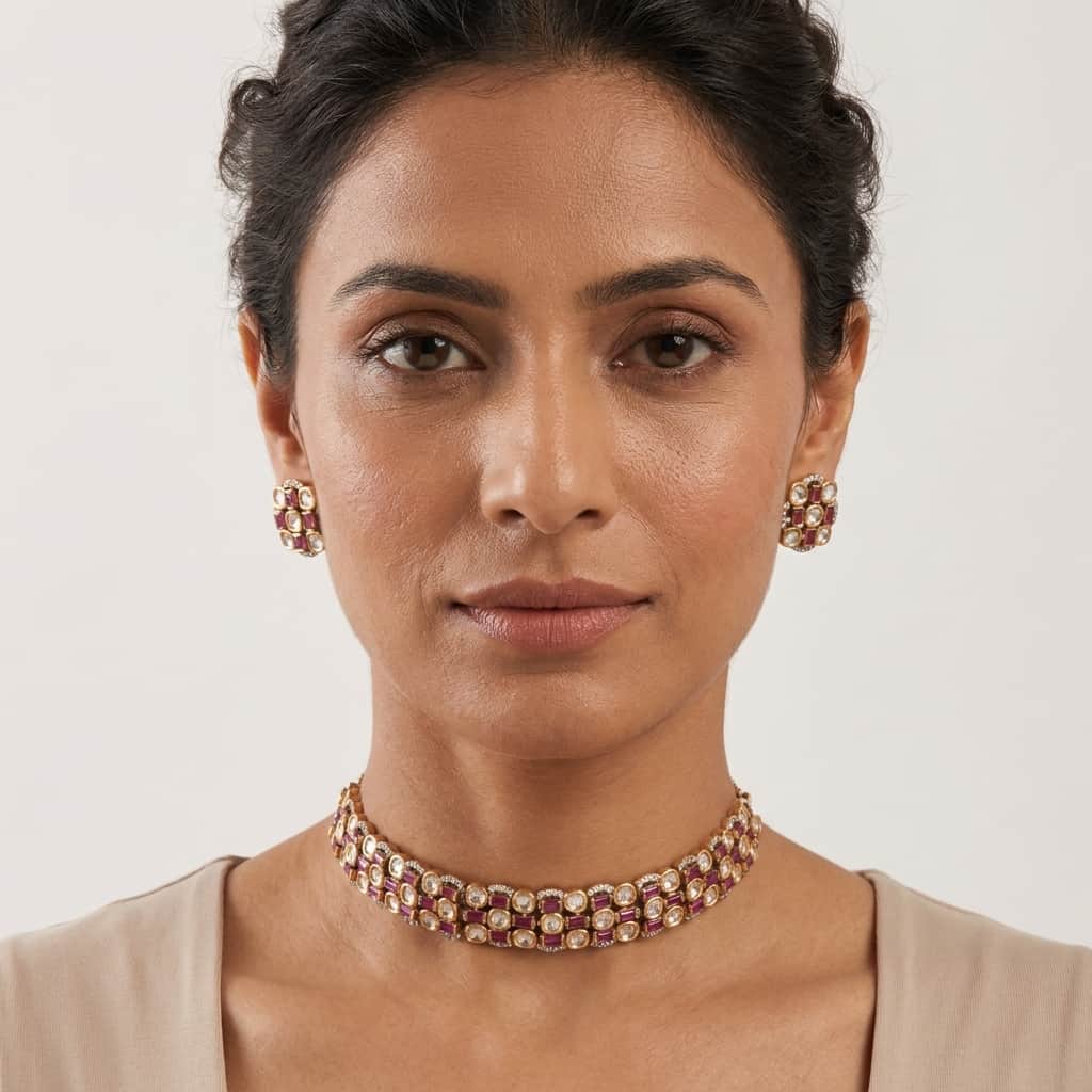 Mataari Necklaces Kundan Polki Wedding Gold Plated Choker Necklace with Stud Earrings
