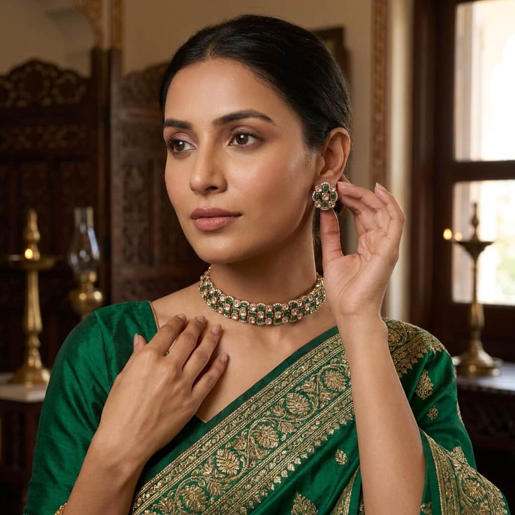 Mataari Necklaces Kundan Polki Wedding Gold Plated Choker Necklace with Stud Earrings
