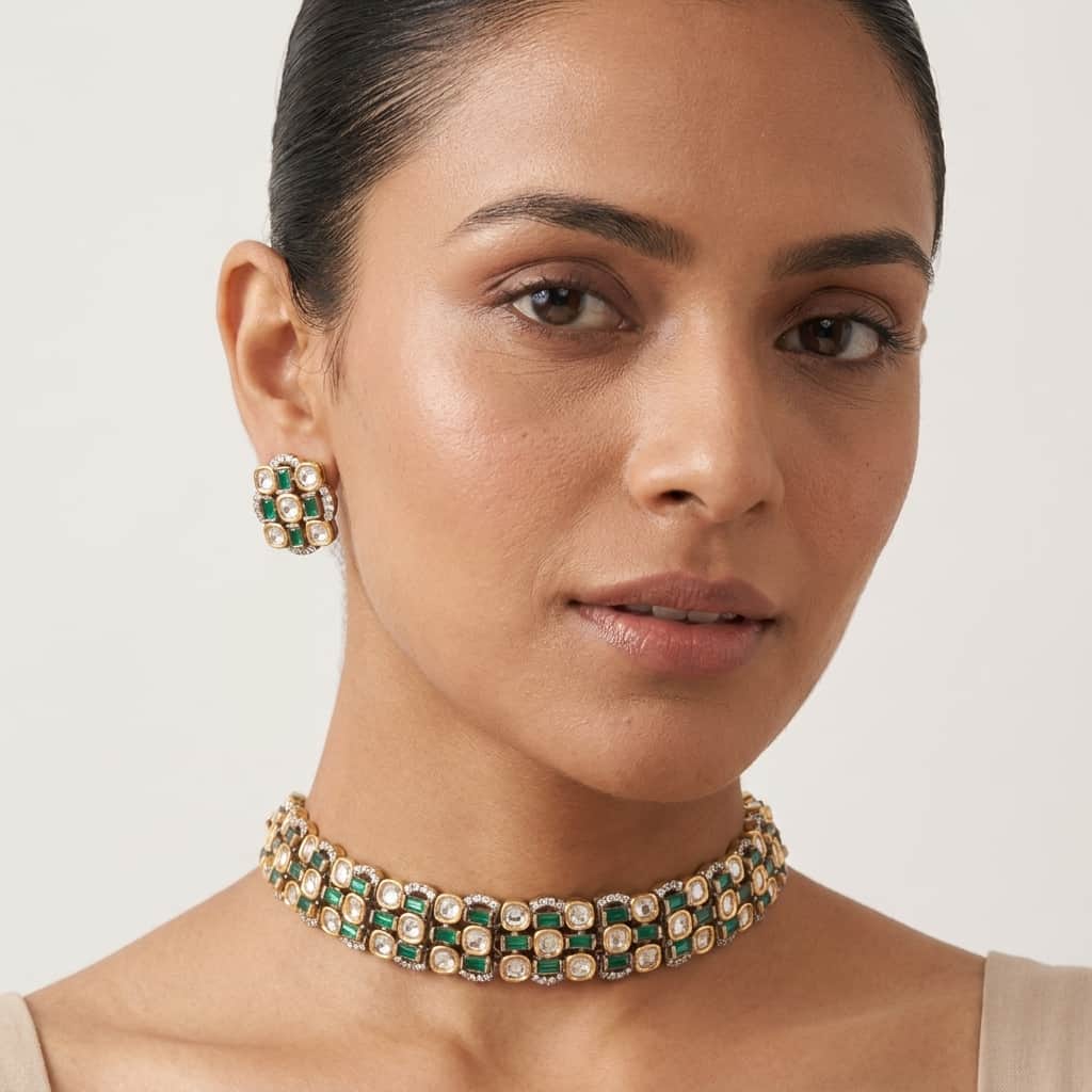 Mataari Necklaces Kundan Polki Wedding Gold Plated Choker Necklace with Stud Earrings