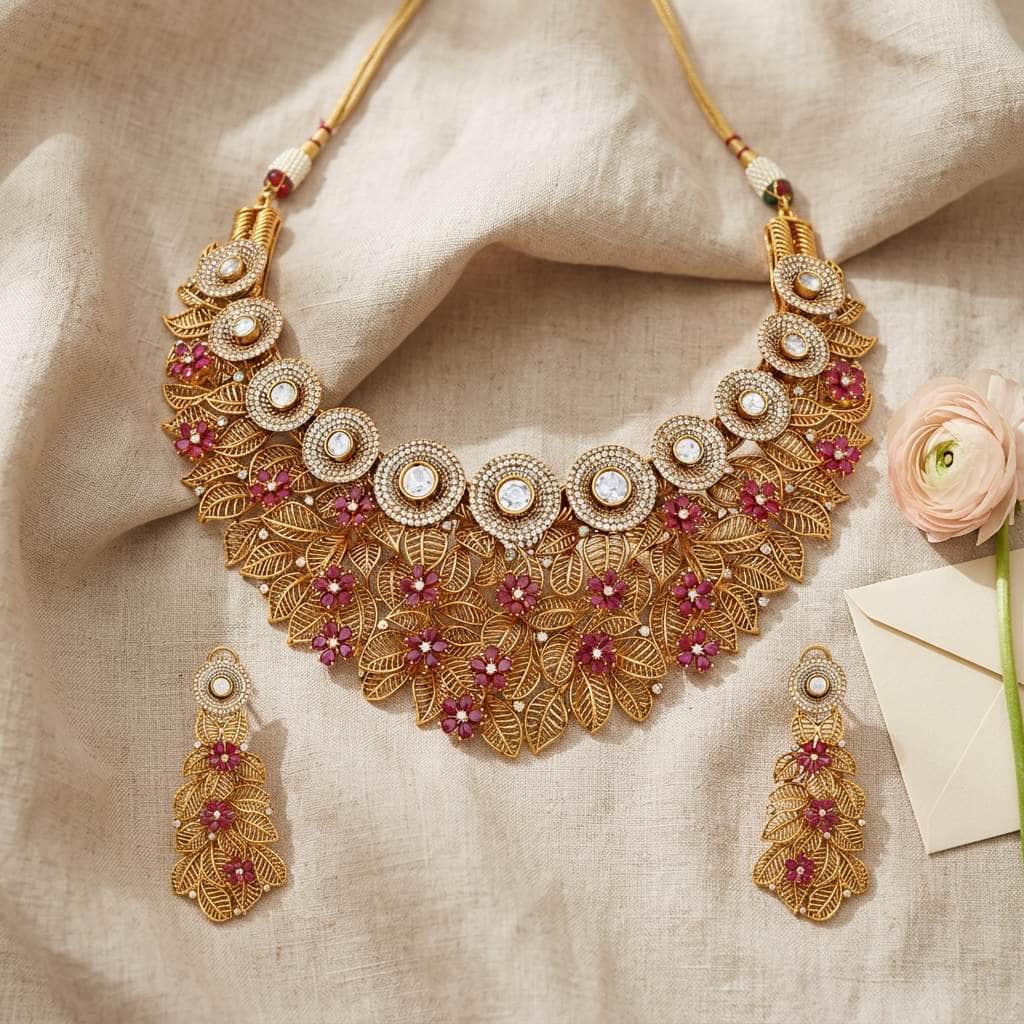 Mataari Necklaces Leaf Antique Gold Flower Cubic Zirconia Kundan Polki Bridal Choker Necklace