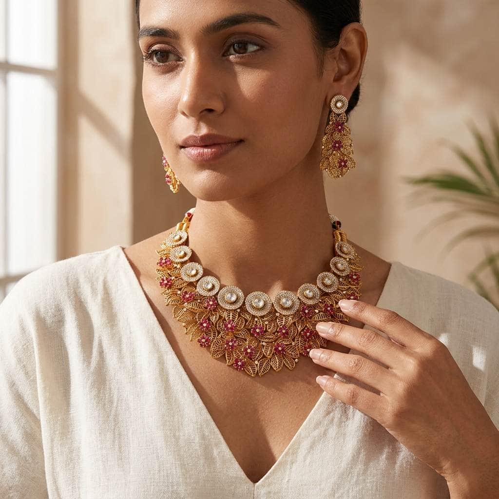 Mataari Necklaces Leaf Antique Gold Flower Cubic Zirconia Kundan Polki Bridal Choker Necklace
