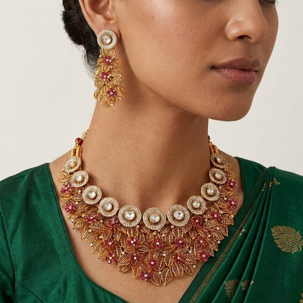Mataari Necklaces Leaf Antique Gold Flower Cubic Zirconia Kundan Polki Bridal Choker Necklace