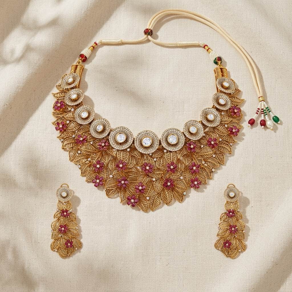 Mataari Necklaces Leaf Antique Gold Flower Cubic Zirconia Kundan Polki Bridal Choker Necklace