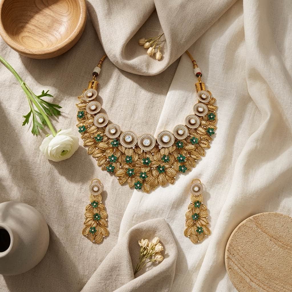 Mataari Necklaces Leaf Antique Gold Flower Cubic Zirconia Kundan Polki Bridal Choker Necklace