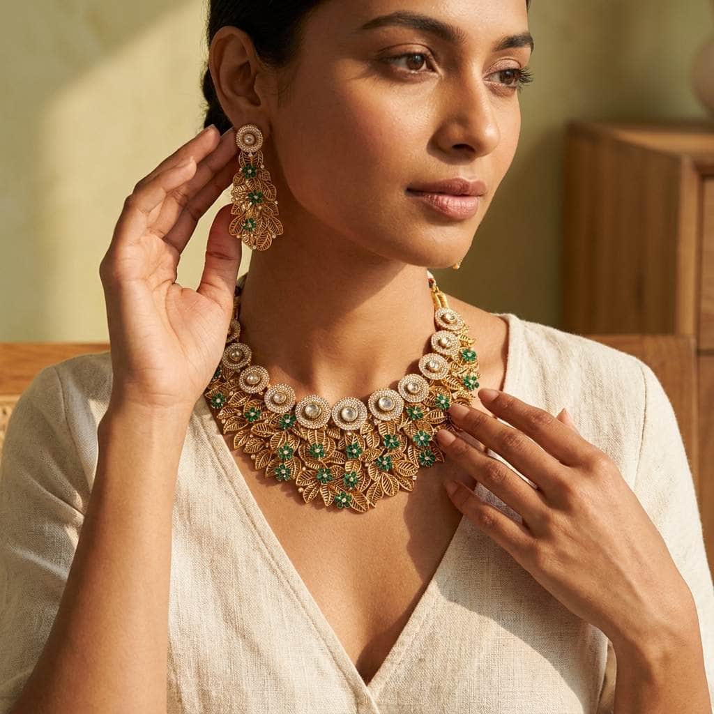 Mataari Necklaces Leaf Antique Gold Flower Cubic Zirconia Kundan Polki Bridal Choker Necklace