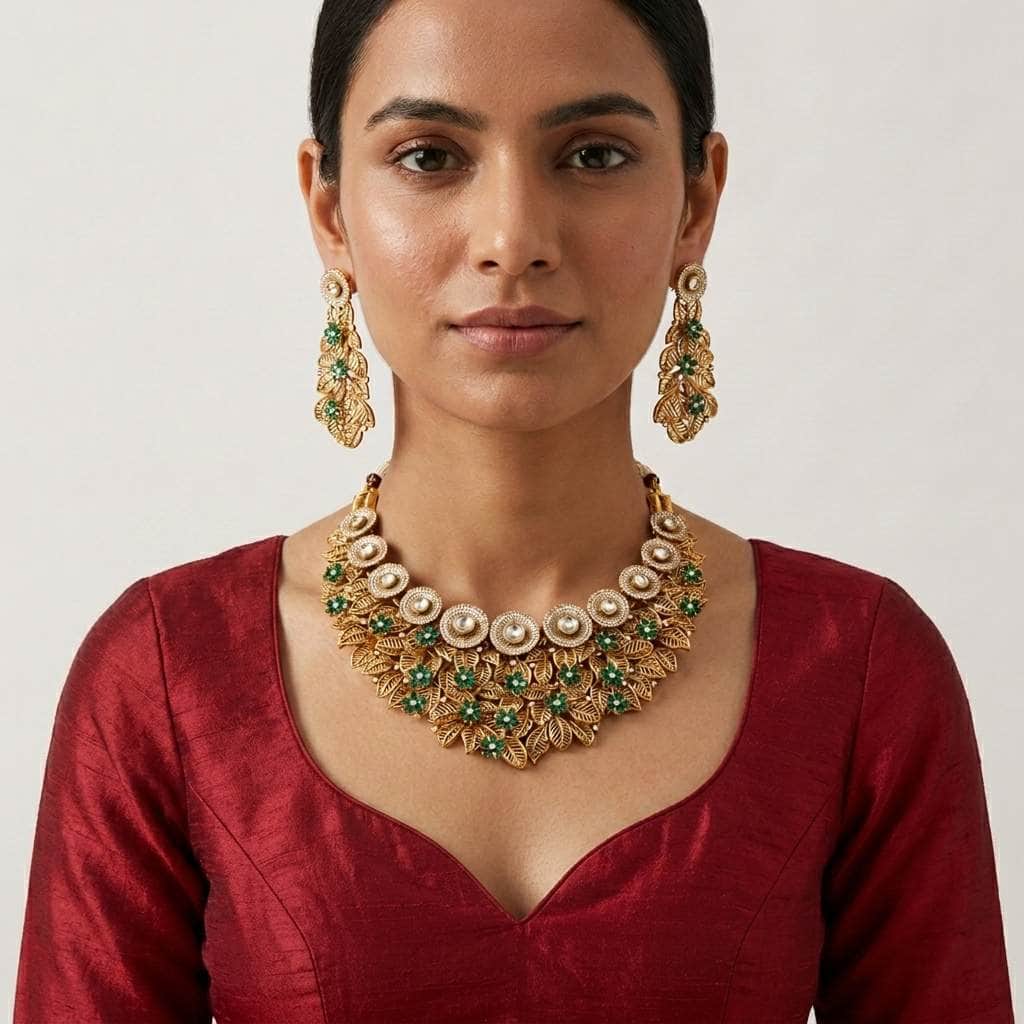 Mataari Necklaces Leaf Antique Gold Flower Cubic Zirconia Kundan Polki Bridal Choker Necklace