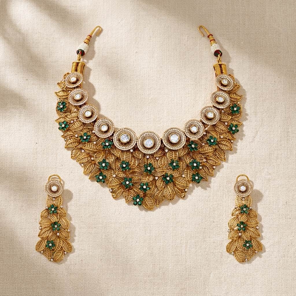 Mataari Necklaces Leaf Antique Gold Flower Cubic Zirconia Kundan Polki Bridal Choker Necklace
