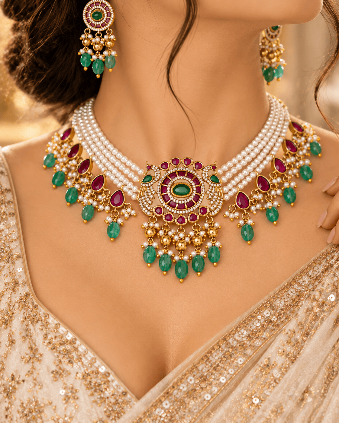 Mataari Necklaces Lipika Gold Plated Pearl Layered Choker Necklace Set