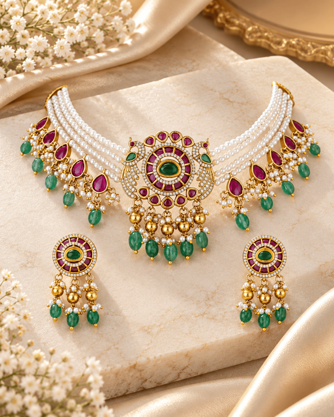 Mataari Necklaces Lipika Gold Plated Pearl Layered Choker Necklace Set