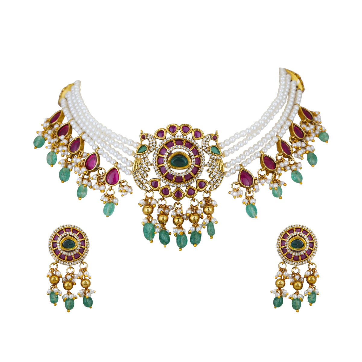 Mataari Necklaces Lipika Gold Plated Pearl Layered Choker Necklace Set