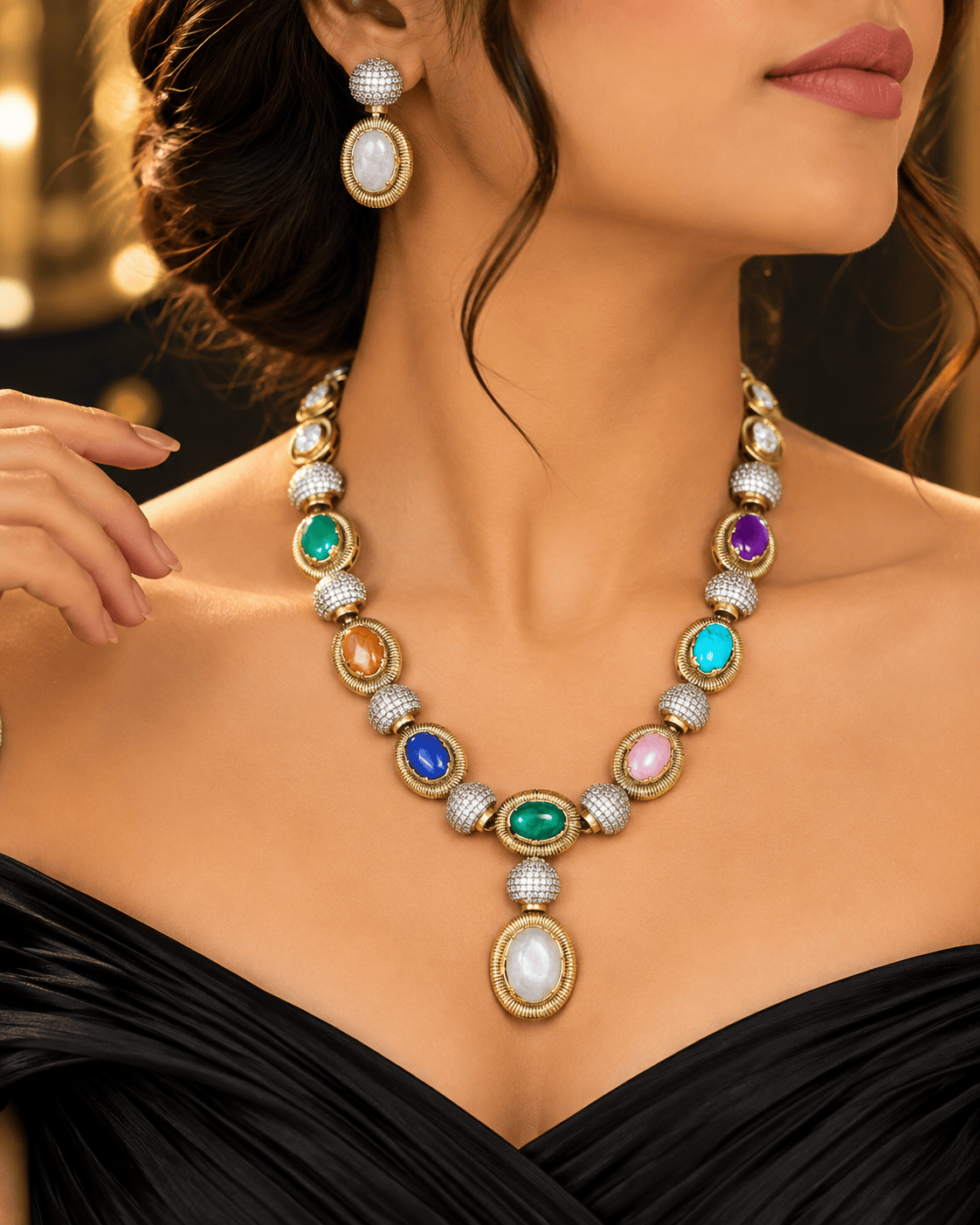 Mataari Necklaces Mahika Gold Plated Solitaire Navratna CZ Wedding Necklace