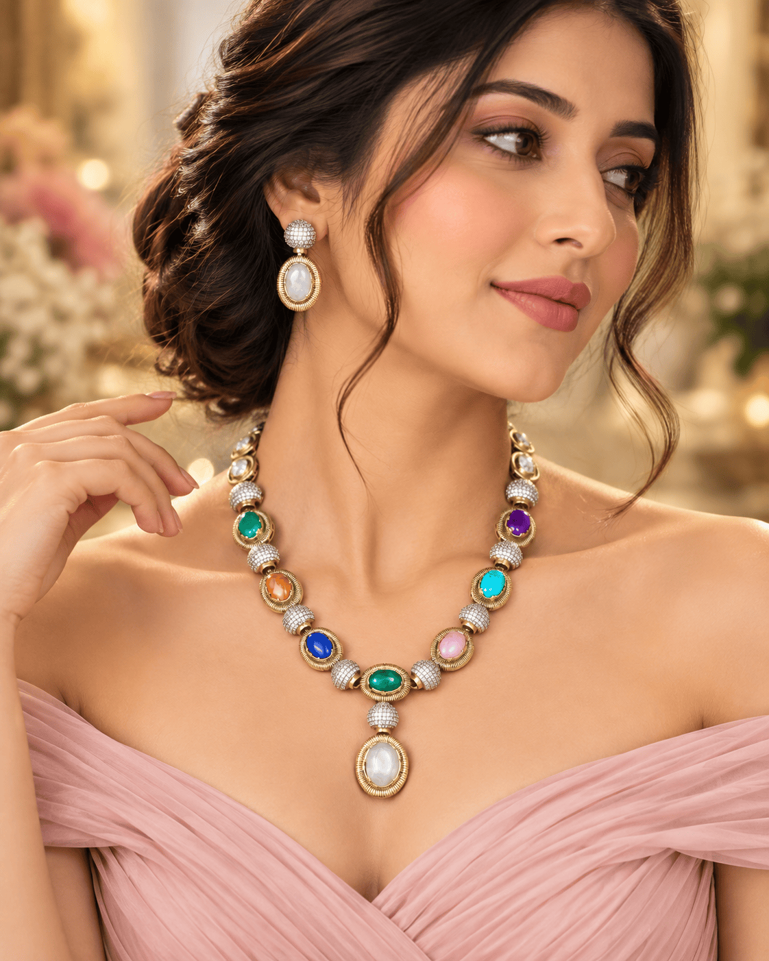Mataari Necklaces Mahika Gold Plated Solitaire Navratna CZ Wedding Necklace