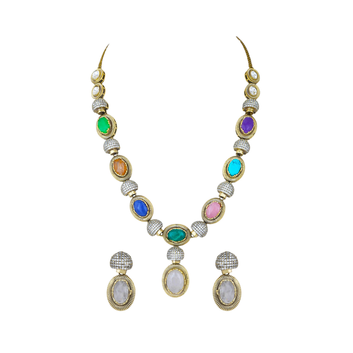 Mataari Necklaces Mahika Gold Plated Solitaire Navratna CZ Wedding Necklace