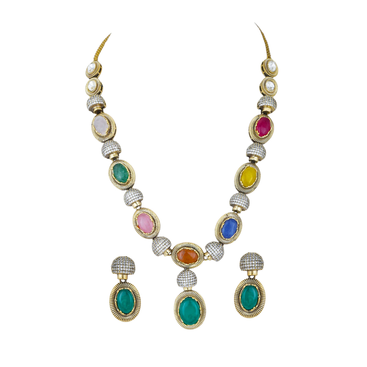 Mataari Necklaces Mahika Gold Plated Solitaire Navratna CZ Wedding Necklace
