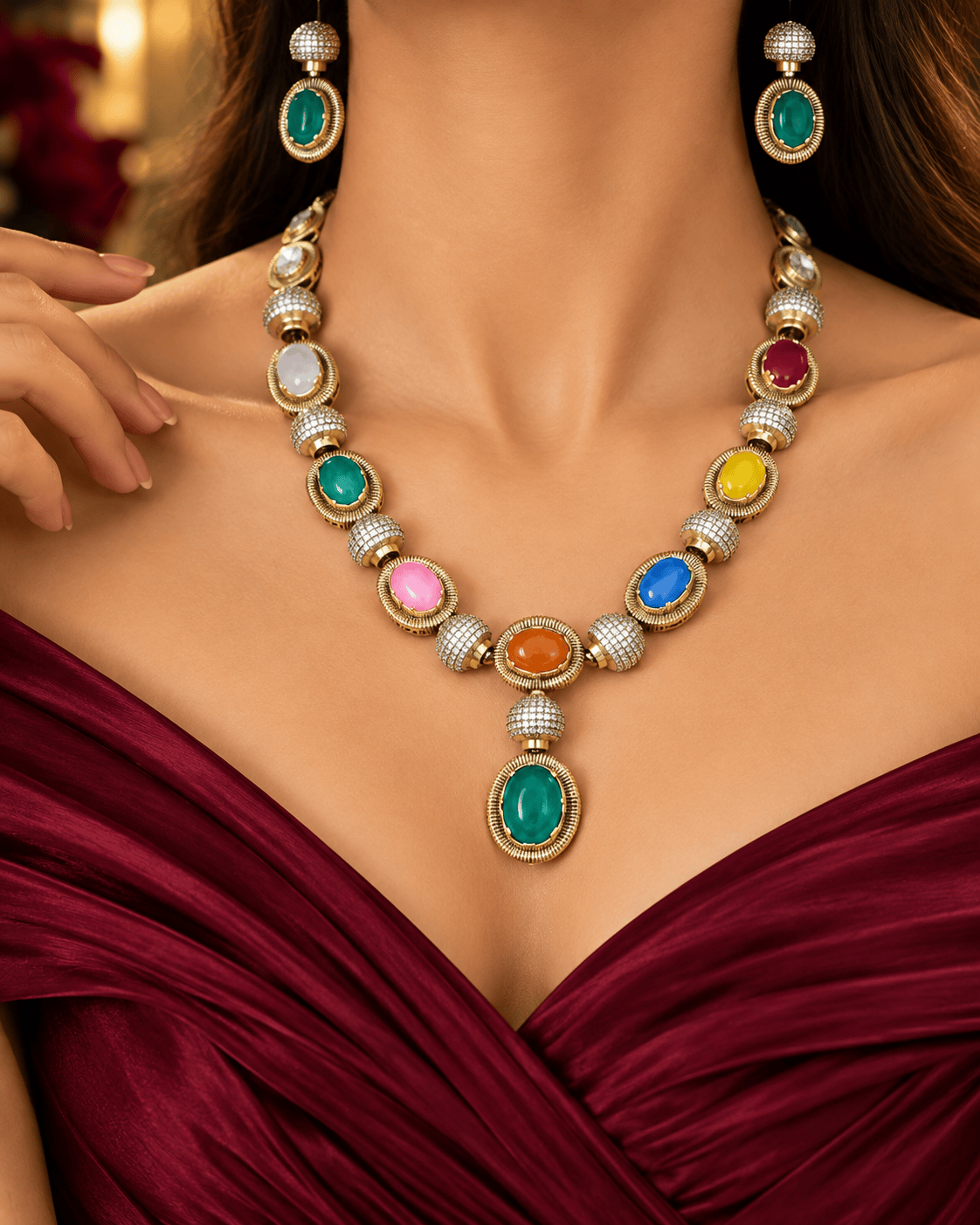 Mataari Necklaces Mahika Gold Plated Solitaire Navratna CZ Wedding Necklace